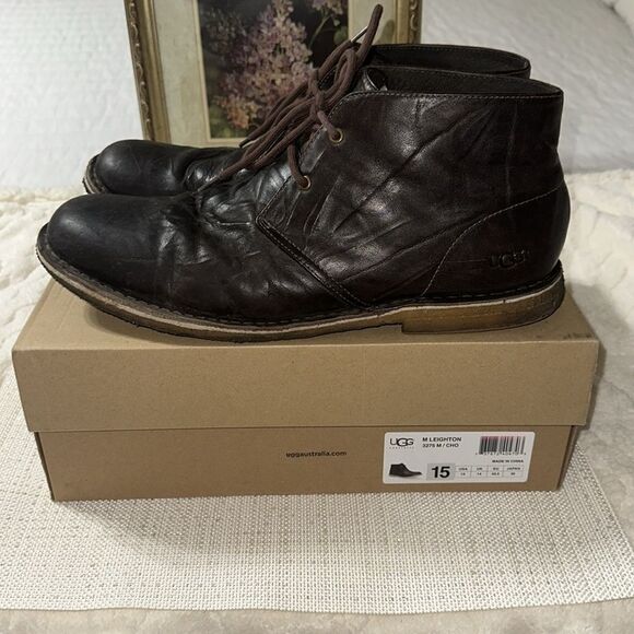UGG 15 Men’s Leighton 3275 M Chocolate Brown Tan Soles Leather Twinsole Boots - Picture 4 of 16